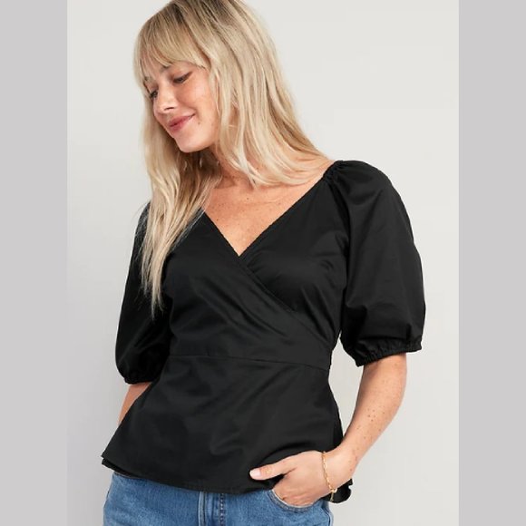 Old Navy Tops - Old Navy Puff-Sleeve Smocked Wrap Blouse Top - Black - Size Small - Tie, Peasant